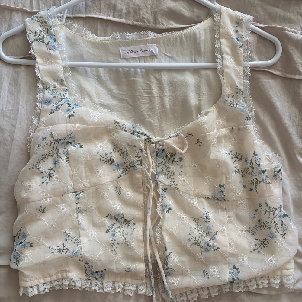 All in Favor Cream and Blue Floral Crop Front Tie Top
